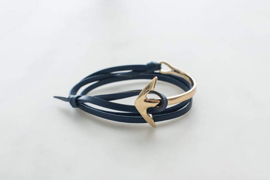 Black leather anchor bracelet for men with gold and silver accents