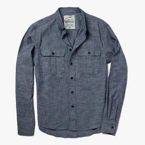 Ayres Chambray indigo button-down shirt with chest pockets and corozo buttons