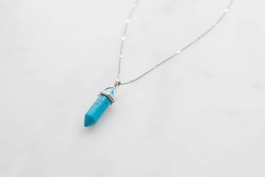 Gemstone necklace with turquoise pendant and 14-inch sterling silver chain, boho chic style, made in USA