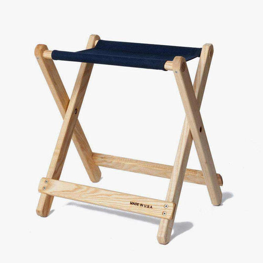 Foldable Camp Stool with navy blue canvas seat and hardwood frame handcrafted in the USA