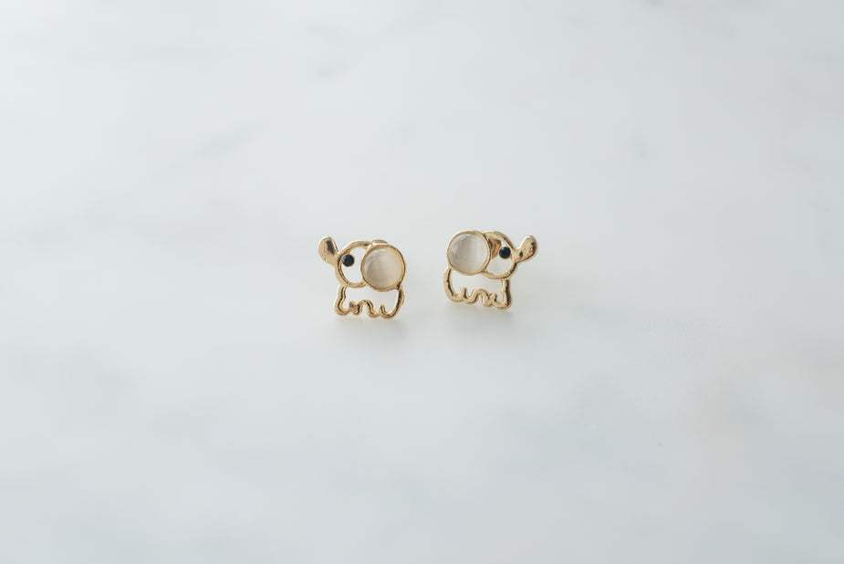 Small 14k gold elephant earrings with opal details