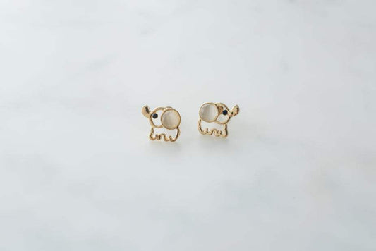 Small 14k gold elephant earrings with opal details