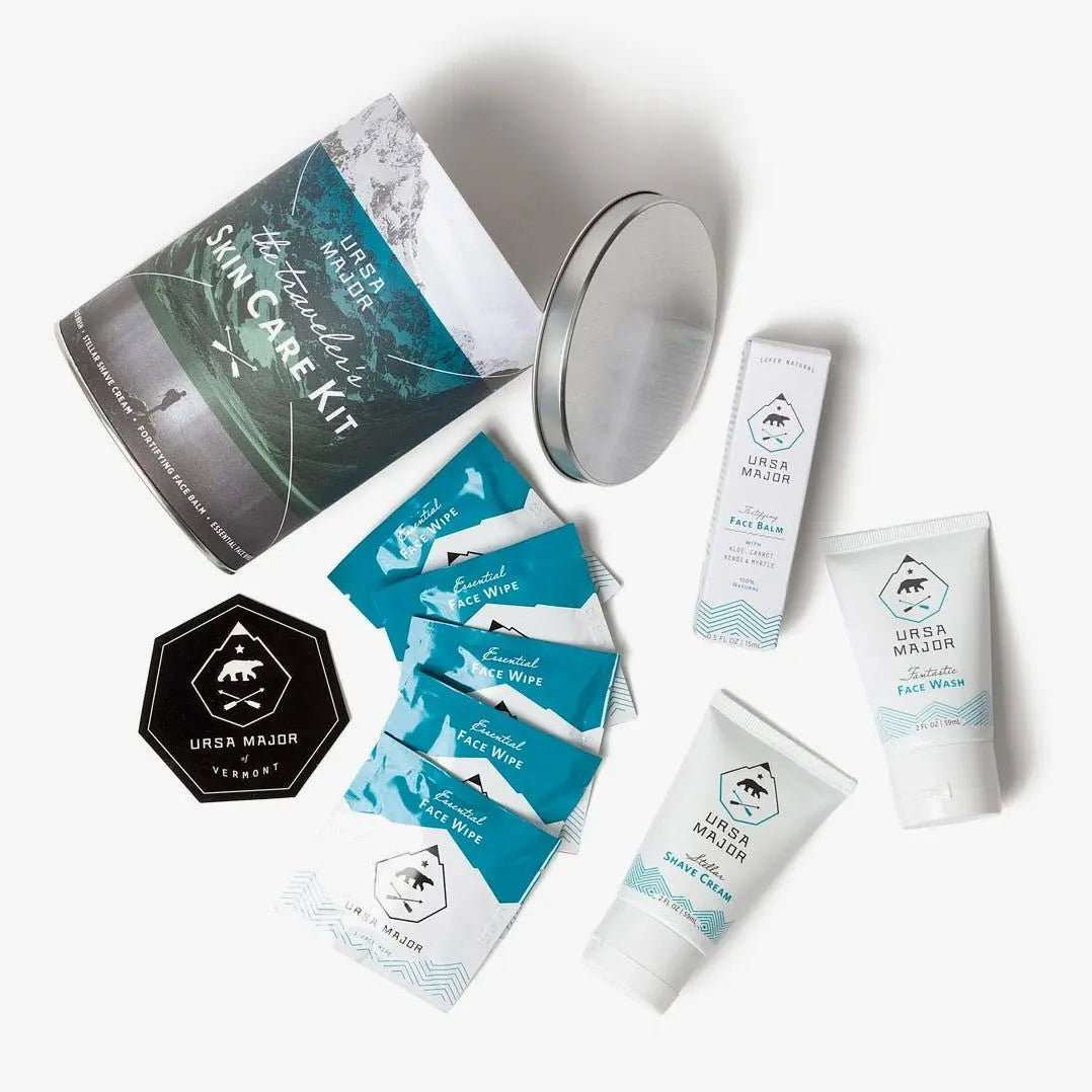 The Scout Skincare Kit with face wash, shave cream, face balm, and bamboo face wipes in reusable tin